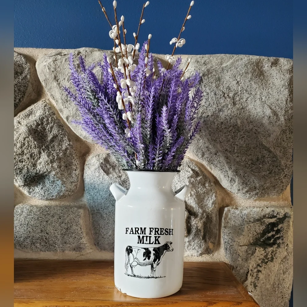 Lavender Artificial Flowers in Milk Jug Metal Vase